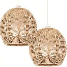 2pcs Bohemian Style Woven Rattan Pendant Light Shades - 5.89" X 5.51", Natural Beige Woven Design, Suitable For Home, Cafe And Tea House Decoration, No Electricity Or Battery Required, Woven Rattan Light Shades, Rattan Decorative Light Shades - Semicircle - View 1