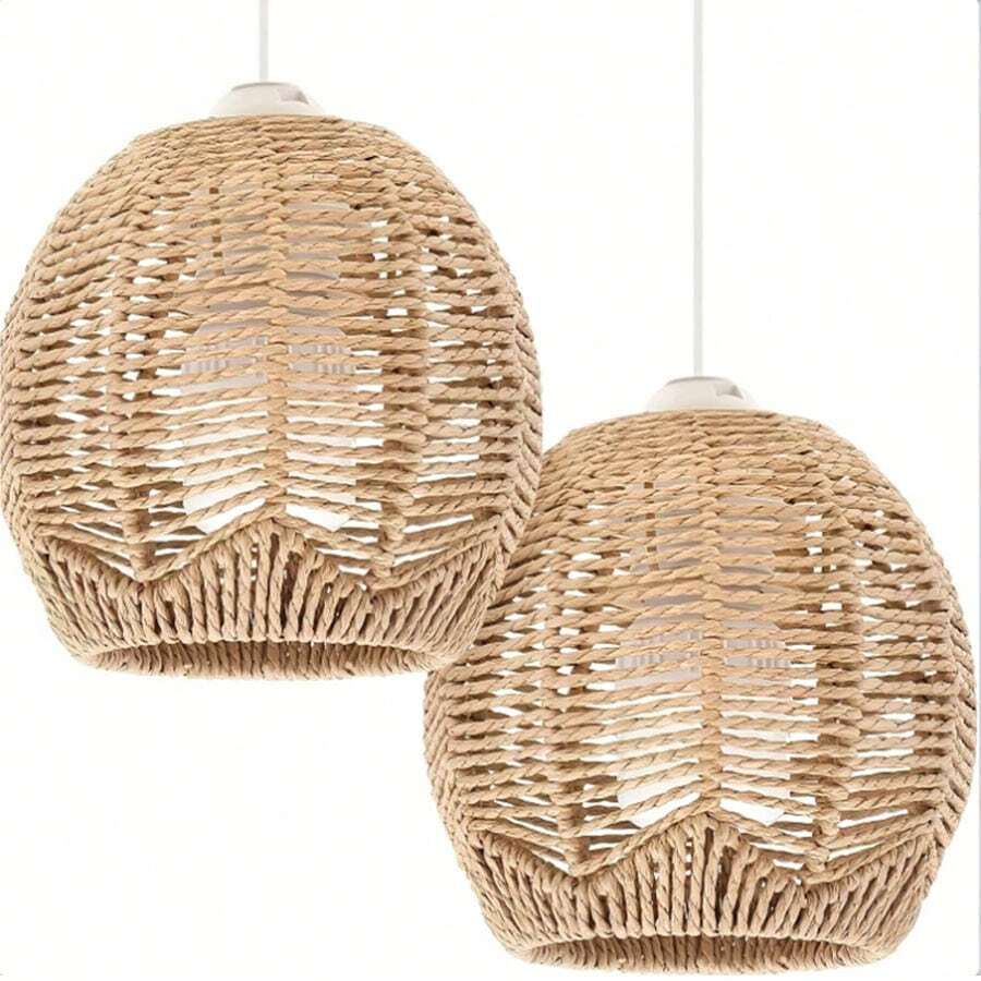 2pcs Bohemian Style Woven Rattan Pendant Light Shades - 5.89" X 5.51", Natural Beige Woven Design, Suitable For Home, Cafe And Tea House Decoration, No Electricity Or Battery Required, Woven Rattan Light Shades, Rattan Decorative Light Shades - Semicircle - View 1