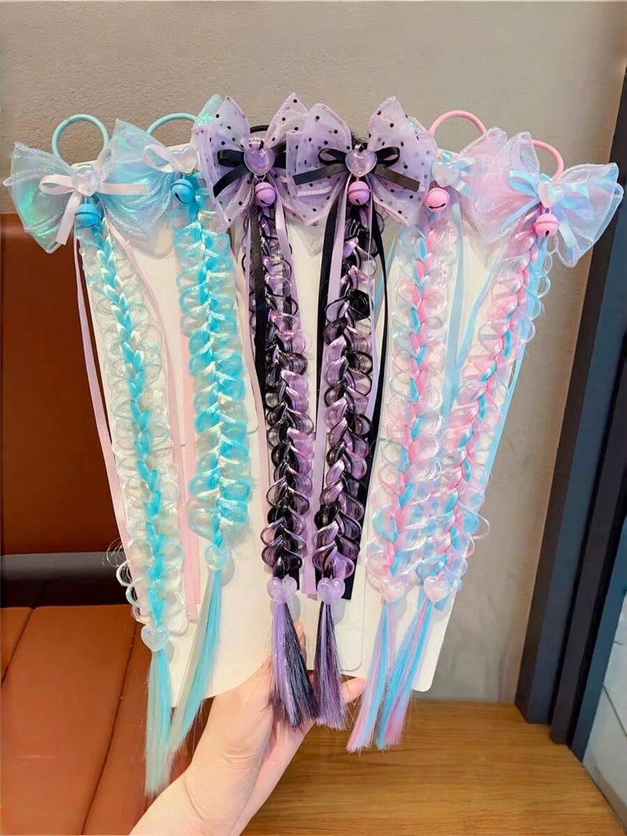 2pcs Girls Cute Butterfly Hair Extensions Braids Hair Ties Rubber Bands Ponytail Bubble Braids Hair Ropes - Multicolor - View 1