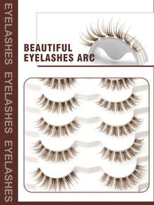 7 Pairs Reusable Brown Cartoon Style False Eyelashes, Transparent Band Natural Long Full Strip Faux Mink Lashes, Natural Criss-Cross End Lash Extensions, Create Dramatic Eye Makeup, Suitable For Beginners Easy To Apply - 棕色 - 查看 3