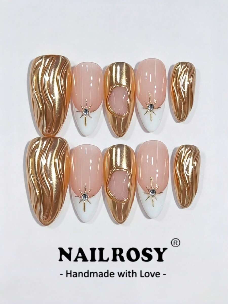 nailrosy 10片裝手工穿戴甲套組 杏仁形 粉色銀色蝴蝶珍珠貓眼 優雅極簡老錢風 日韓風清新設計 時髦法式中性古典創意亮面閃光假指甲套組 - 金色 - 查看 1