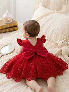 Baby Girl Elegant Minimalist Burgundy Round Neck Sleeveless Backless Detachable 3D Bow Dress, Suitable For Birthday Party, Evening Gala, Performance, Wedding, Ball, Opening Ceremony And Other Occasions. Baby Girl Daily Wear, Suitable For School, Outdoor Activities, Vacation - Burgundy - View 6