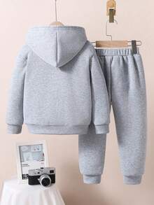 Boys' Letter Print Hoodie And Sweatpants Warm Set - Grey - View 2
