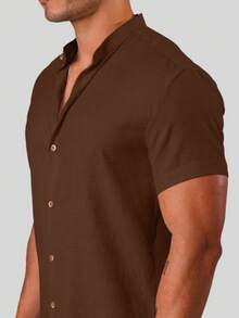 Men's Brown Linen-Look Dunas Fabric Short Sleeve Mandarin Collar Shirt - Summer 2026 Shirt - Breathable Shirt - Beach Fashion - 棕色野馬 - 查看 3