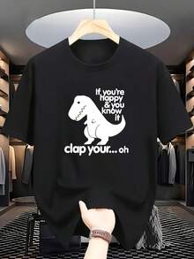 White Short-Sleeved T-Shirt Displayed in a Fashion Cloakroom Scene: Decorated with a Black Cartoon Tyrannosaurus Rex Silhouette And Humorous Text "If - Weiss - Übersicht 6