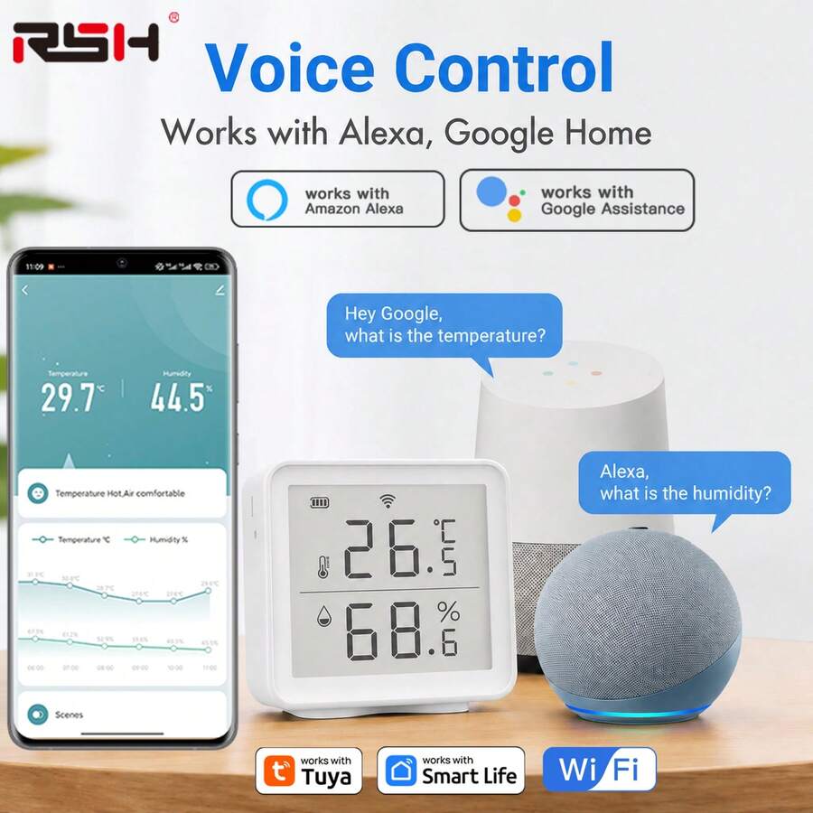 RSH 1 pieza Sensor inteligente de temperatura y humedad Tuya, conectado directamente por WIFI, la temperatura y humedad inteligentes pueden monitorear el entorno en tiempo real, ajustable en Celsius & Fahrenheit, compatible con el asistente Alexa, control de la aplicación Tuya Smart Life.
