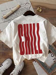 Camiseta de mujer de una pieza con estampado a doble cara, estilo sencillo, corte ajustado, diseño de letras original, cuello redondo, mangas cortas, tejido suave y ligero, cómoda para el uso diario en verano. - Blanco - Ver 3