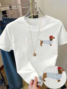 2026New Spring/Summer Cute Cartoon Striped Dachshund Print Short Sleeve Round Neck T Shirt,Fashionable And Fun Streetwear,Vacation Top,Suitable For Da - 白色 - 查看 1