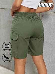 Women's Cargo Shorts With Neon Zipper - High Waist Loose Casual Shorts With Multiple Pockets Summer Sports - Army Green - View 4