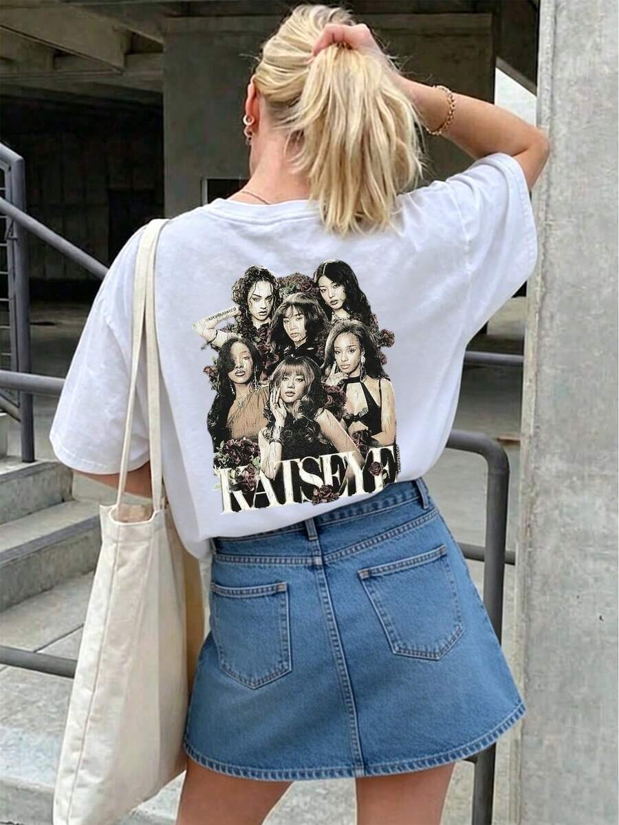 T-shirt da donna con stampa grafica di una ragazza della band Katseye, top lungo ultra-largo primavera/estate 2026, t-shirt con stampa divertente, pezzo unico e personale. - Bianco - Visualizzare 1