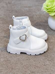 1 Pair Girls' Heart Button Boots, New Spring/Autumn Fashion Buckle Princess Boots, Korean Style Versatile Fashion Ankle Boots - White - View 11