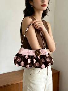 This Fashionable Chocolate-Colored Fabric Shoulder Bag Features Polka Dot Pattern, Pleated Design And Button Accents, Making It Perfect For Office Workers, Teachers, Students, Young Women And Fashionistas. It Is Suitable For Commuting, Shopping, Dating, Vacation, Wedding, Daily Outings And Weekend Short Trips. - Chocolate Brown - View 3