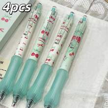 4pcs Japanese Style Matcha Cherry Retractable Gel Pens, Fresh Healing Style, 0.5mm Black Smooth Ink, Quick-Drying Ink, Soft Rubber Grip, Comfortable For Student Classroom Notes And Homework Writing Stationery - Sets - View 7