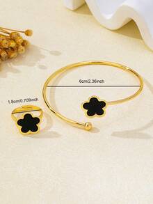 2er/Set eleganter Vierblattkleeblatt-Stil schwarzer Fünfblattkleeblatt-Blumen Damen offener Armreif & offener Ring, geeignet für Urlaubsgeschenke und Alltag-Outfit - Schwarz - Übersicht 5
