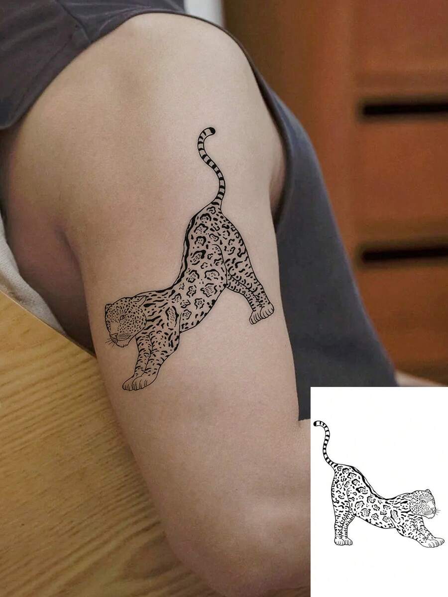 1 Sheet Men's Black Line Temporary Tattoo Stickers, Vintage Wild Leopard Animal Outline Pattern Waterproof Sweatproof Gothic Body Stickers For Arm, Thigh, Chest Party Decor - Black - View 1
