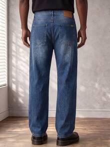 Men's All-Match Dark Blue Washed Straight Leg Jeans, Lightweight Soft Comfortable Stretch Denim Fabric, Casual Commute Minimalist Versatile Long Pants For Young Men - Blue - View 4