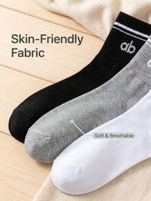 3/6/12 Pairs Kids Double Stripe Cuff AB Letter Print Soft Sweat-Absorbent Mid-Calf Socks, Campus Daily Street Style All-Season - Multicolor - View 6
