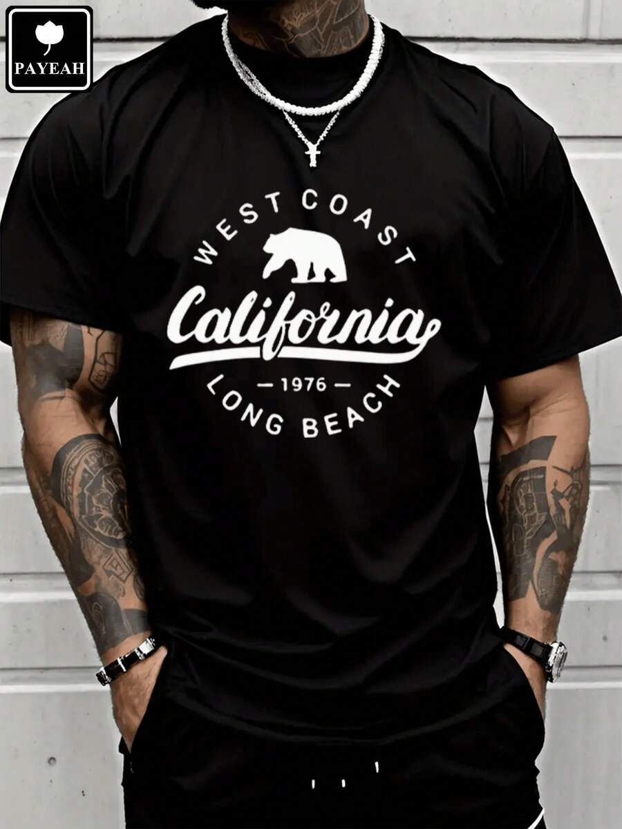 Camiseta de manga corta PAYEAH Vintage Long Beach California% algodón pesado - Negro - Ver 1