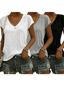 3pcs Solid Color Plus Size V-Neck T-Shirts, Casual Short Sleeve T-Shirts Spring/Summer, Women's Clothing - Black + White + Light Gray - View 2