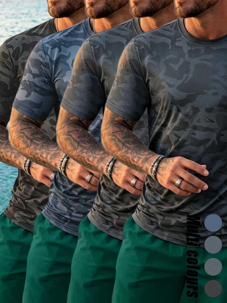 4pcs Camouflage Short Sleeve T-Shirts For Men, Ice Silk Fabric Summer Basketball Running Half Sleeve Sports - Multicolor - View 1