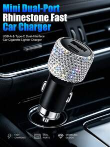 Chargeur de voiture rapide Glam Bling à double port USB Type C avec cristaux et strass, mini chargeur de téléphone portable pour allume-cigare, accessoire de décoration intérieure de voiture brillant en diamant pour femmes, voyage et road trip - A - Voir 1