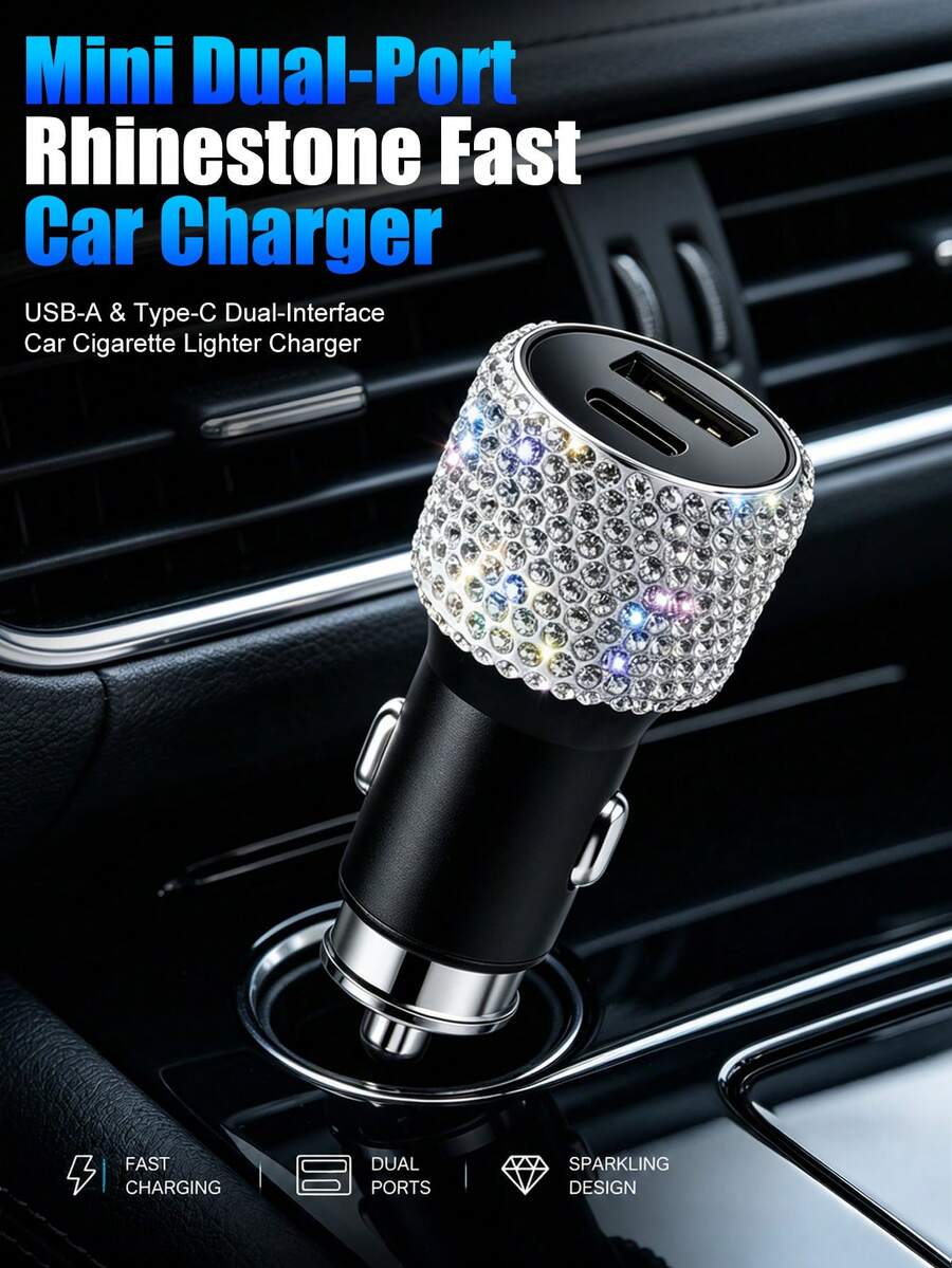 Chargeur de voiture rapide Glam Bling à double port USB Type C avec cristaux et strass, mini chargeur de téléphone portable pour allume-cigare, accessoire de décoration intérieure de voiture brillant en diamant pour femmes, voyage et road trip - A - Voir 1