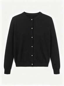 Slouchy Commute Vibe Best-Selling All-Match Women's Round Neck Knit Cardigan, Daily Versatile Slimming Single-Breasted Thin Layering Outerwear Fall Black - Black - View 10