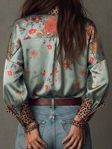 Women's Printed Blouse With Leopard Print Cuff Design, Fashionable Elegant Casual Commute Daily Wear Shirt Vacation - Mint Green - View 2
