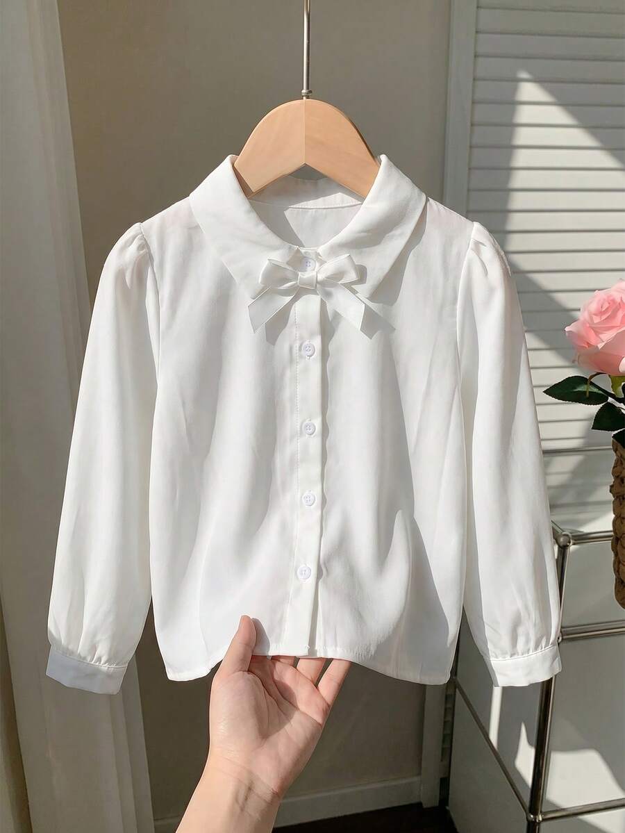Camisa dulce de mangas abullonadas para niñas con decoración de lazo en el cuello & puños con volantes, estilo académico adecuado para la escuela o uso diario - Blanco - Ver 1