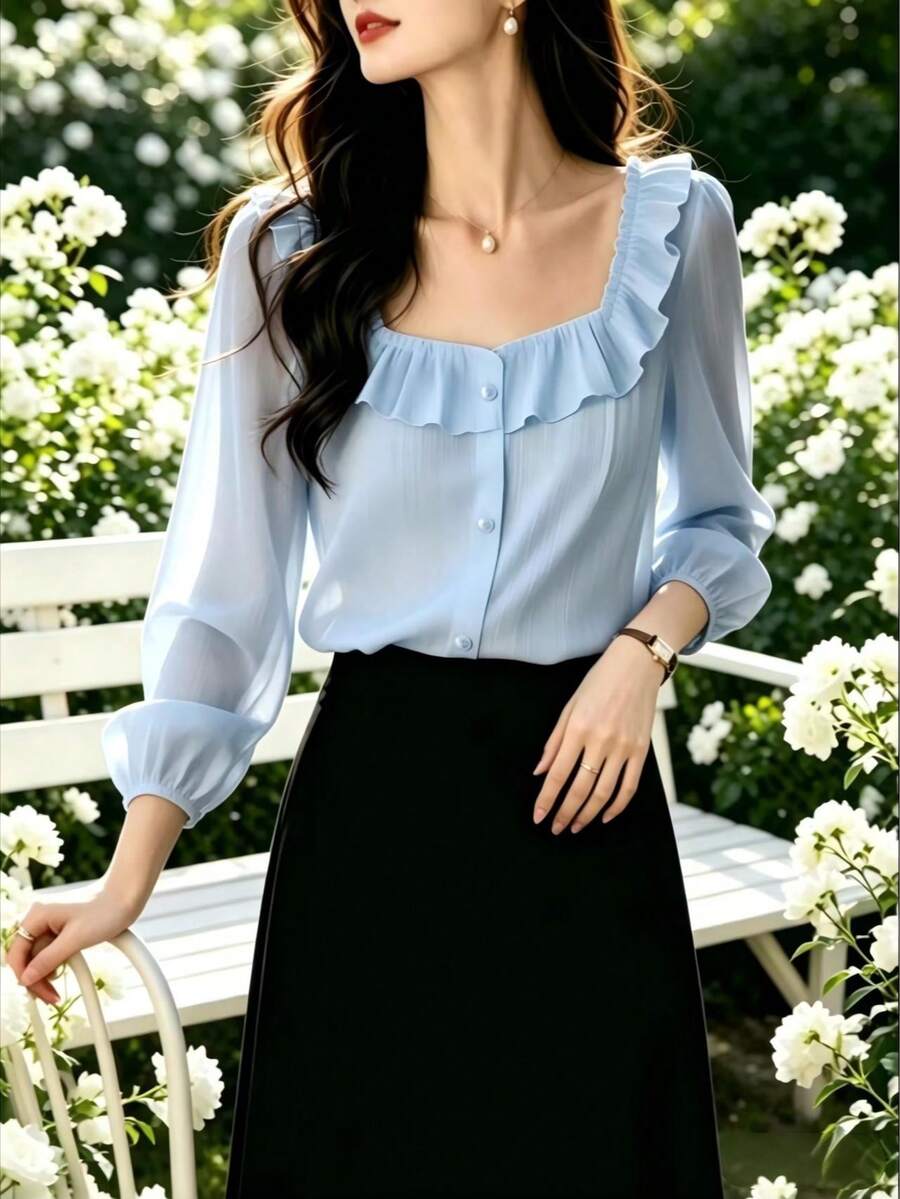 Blusa con cuello cuadrado, botones delanteros y volantes, diseño único y estético transparente para mujeres, nueva colección 2026