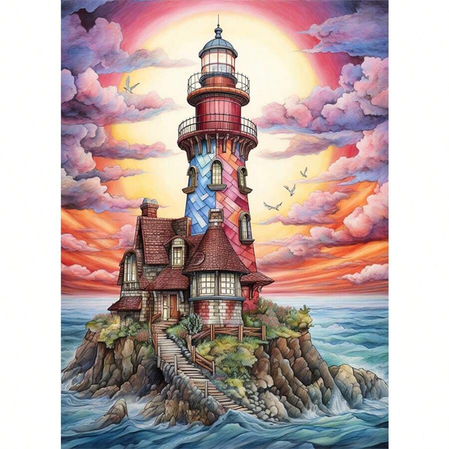 1PC | 5D DIY Diamond Painting | Colorful Clouds Lighthouse Landscape Diamond Painting Kit, Full Drill Mosaic Craft Set. High-Definition Artistic Diamond Painting. Gift Diamond Painting, Focus And Relax Through DIY, Suitable For Living Room, Bedroom, Office Wall Decoration Hanging Painting, Surprise Home Decor Gift For Family And Friends, Unframed [30*40cm/11.8*15.7in][40*50cm/15.7*19.7in] - No Frame - View 1