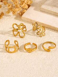 5pcs Stainless Steel 18K Gold Plated Summer Minimalist Chic Fashion Casual Style Geometric Gold Line Plumeria Oval Adjustable Open Ring Set, Suitable For Women's Daily, Holiday, Date, Vacation, Beach, Party Wear, Casual Jewelry Gift - Multicolor - View 6