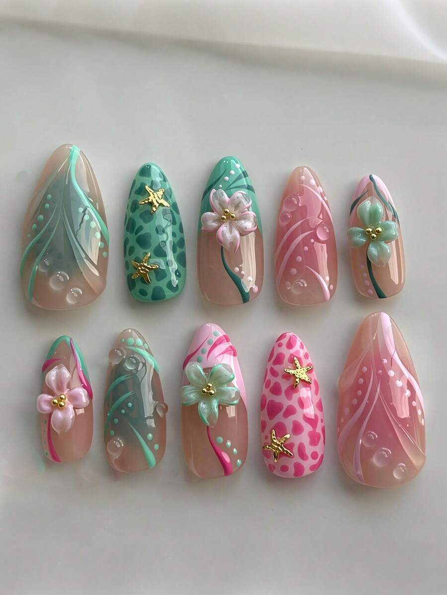 10片中號杏仁形穿戴式假指甲，夏季3D粉色花卉漸層法式美甲，金色鋼珠海星裝飾，適合美甲店使用，女孩與女性日常配戴、度假派對與送禮 - 彩色 - 查看 1