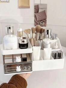 1pc White Rabbit Design Desktop Storage Box, Multi-Layer Cosmetic Organizer, Office Supplies And Stationery Storage Box, Student Dorm Pen Holder, Drawer Design, Desk Organizer, Cosmetic Storage Box, Bathroom Storage Box. - White - View 11