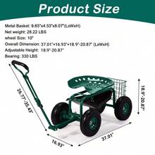 Garden Cart With Rolling Seat, Wheels, Adjustable Steering Handle & Utility Tool Tray, Planting Wagon Scooter, Gardening Tool For Senior, For Patio, Backyard, Lawn & Outdoor (Green) - Green - View 6