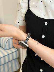 1pc Black Polka Dot Cute Elastic Hair Band Watch Strap Compatible With Apple Watch 38/40/41/42/44/45/46/49mm/S11-42mm/SE/11/10/9/8/7/6/5/4/3/2/1 Series, Women's Summer Hair Band, Cute Wristband, Suitable For Daily Casual Wear, Not Suitable For Sports, Smart Watch Accessories, Y2K - Black - View 2