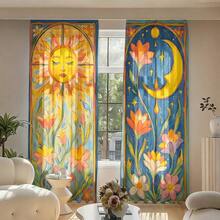 2pcs Bohemian Vintage Tarot Sun Moon Floral Print Semi-Sheer Curtains, 90GSM Polyester Semi-Sheer Privacy Protection, Easy Installation, Quick Dry, Washable And Fade-Resistant, Lightweight Removable Curtains, Suitable For Home, Room, Kitchen And Other Partitions Or Decoration - Multicolor - View 2