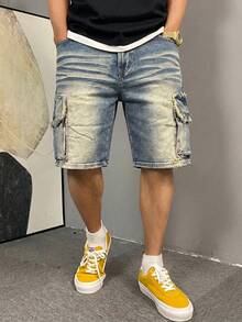 Pantalones cortos de mezclilla de trabajo, pantalones cortos de mezclilla de 5 bolsillos hasta la rodilla, pantalones cortos de mezclilla con efecto desgastado, lavado y deshilachado de estilo callejero con múltiples bolsillos para hombres, verano, pantalones cortos holgados de pierna recta hasta la rodilla, jeans de mezclilla estilo hip-hop callejero, moda de estilo callejero versátil, adecuado para el uso diario y el uso en verano. - Azul - Ver 2