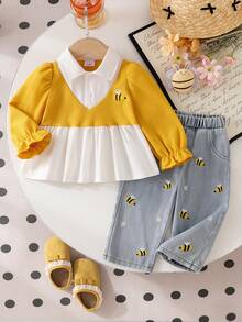 Baby Girl 2-Piece Set For Spring/Autumn, Bee Embroidery 2 In 1 Waffle Vest + White Ruffle Collar Shirt, Floral Bee Embroidery Light Denim Pants Outfit - Yellow - View 1