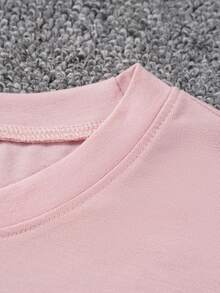 Camiseta con estampado floral elegante en acuarela + mangas cortas + cuello redondo + ropa casual de primavera y verano para mujer - Rosa - Ver 5