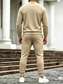 Men's Spring/Autumn 2 Pieces Sports Set, Khaki Jacquard Textured Sweatshirt And Drawstring Cuffed Jogger Pants, Outdoor Sports Casual Outfit Summer - Khaki - View 2