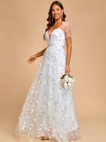 Elasola Women's Elegant Romantic Heart Neckline Short Sleeve Evening Gown White - White - View 7