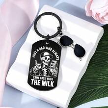 Funny Skeleton Dad Keychain, Slogan "Just A Dad Who Always Brings Milk Home", Paired With Mini Fashion Glasses Pendant Cool Father's Day Birthday Gift, Suitable For Father, Husband Gift, Vintage Gothic Style Skeleton Milk Print Tag Pendant, Men's Backpack, Car Keychain - Halloween Keychain - View 1