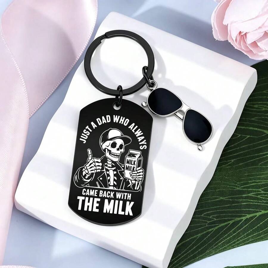 Funny Skeleton Dad Keychain, Slogan "Just A Dad Who Always Brings Milk Home", Paired With Mini Fashion Glasses Pendant Cool Father's Day Birthday Gift, Suitable For Father, Husband Gift, Vintage Gothic Style Skeleton Milk Print Tag Pendant, Men's Backpack, Car Keychain - Halloween Keychain - View 1