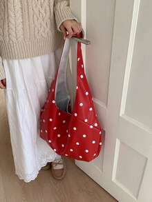 Women's Shoulder Bohemian Style Large Capacity White Polka Dot Faux Leather Snap Button Casual Daily Shopping Travel Bag - Red - View 6