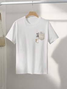 Cute And Fun T-Shirt With Cat Print, Short Sleeves And Round Neck. - 白色 - 查看 2