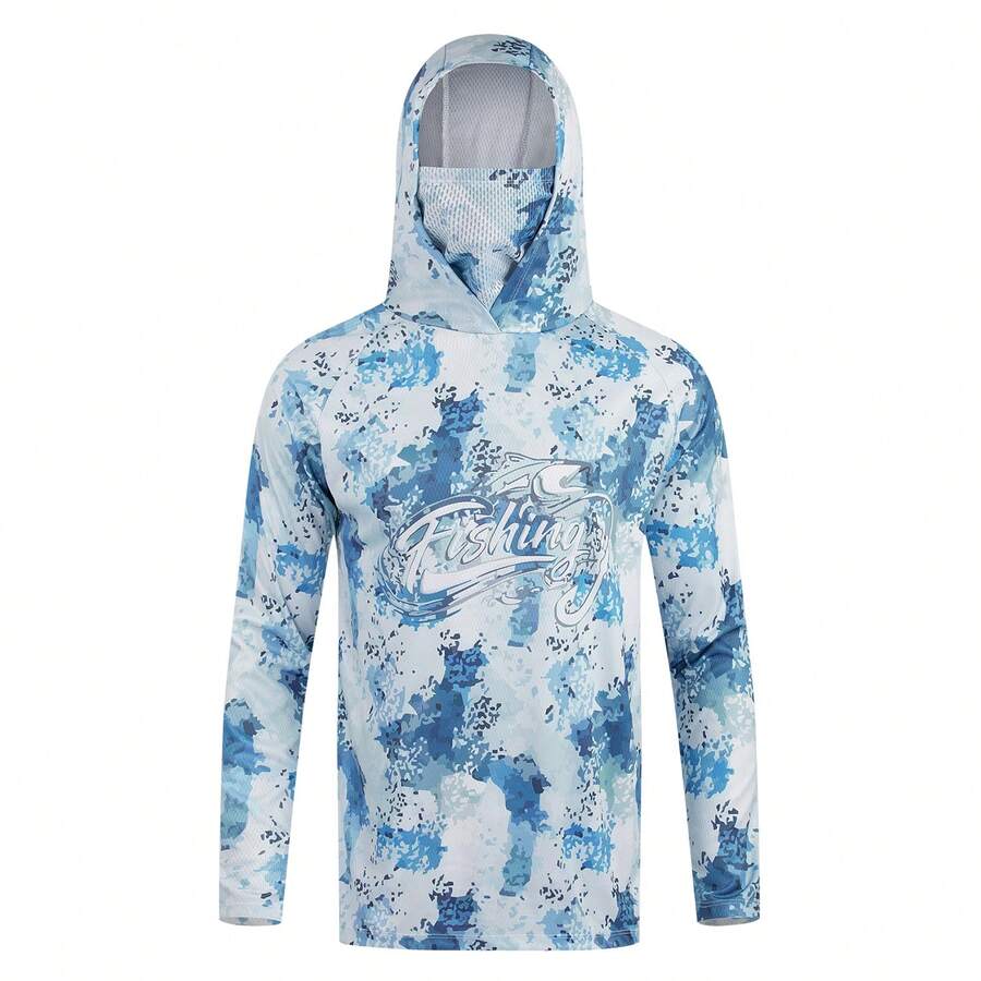 Men's Blue Camouflage Hooded Fishing Shirt With Face Mask, Long Sleeve Sun Protection Top Sports Fall - Baby Blue - View 1