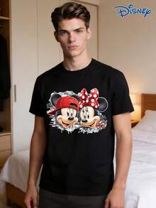 Disney 1pc Men's Short Sleeve T-Shirt, Loose Fit, Mickey Mouse And Minnie Mouse Cartoon Print, Round Neck, Slightly Elastic - Black - View 1