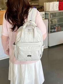 Fashionable Versatile Solid Color Nylon Fabric Student Backpack, Women's Mini Water-Resistant Campus Daily Backpack, Suitable For High School And College Students, Compact Travel Shoulder Bag, Waterproof Business Commute Backpack, Multi-Pocket Functional Backpack, Back To School Essential, Student University Bag - White - View 7