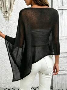 Plus Size Starfish Pattern Vacation Style Asymmetrical Design Cape Knit Top Black Summer - Black - View 6